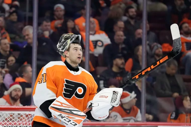 Flyers goaltender Anthony Stolarz, shown during a break against Columbus on Dec. 6, will make his first NHL appearance since Dec. 15 on Tuesday.