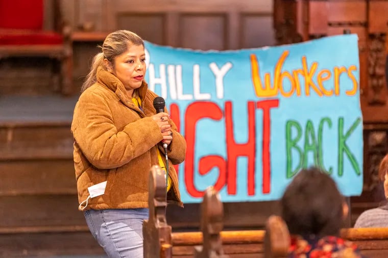 Adriana Barrera, a South Philadelphia housecleaner, speaking about her experiences at the summit hosted by the National Domestic Workers Alliance and Key Labor Organizations at the First Unitarian Church on Saturday.