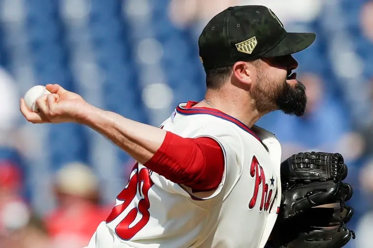 Phillies pitcher Pat Neshek throws the baseball in the ninth-inning against the Colorado Rockies on Sunday, May 19, 2019 in Philadelphia.