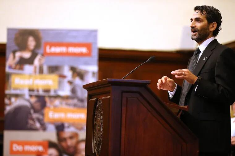 Dr. Shlomy Kattan, adult literacy XPRIZE leader and senior director, announces a partnership with the Barbara Bush Foundation for Adult Literacy for an XPRIZE competition at City Hall.