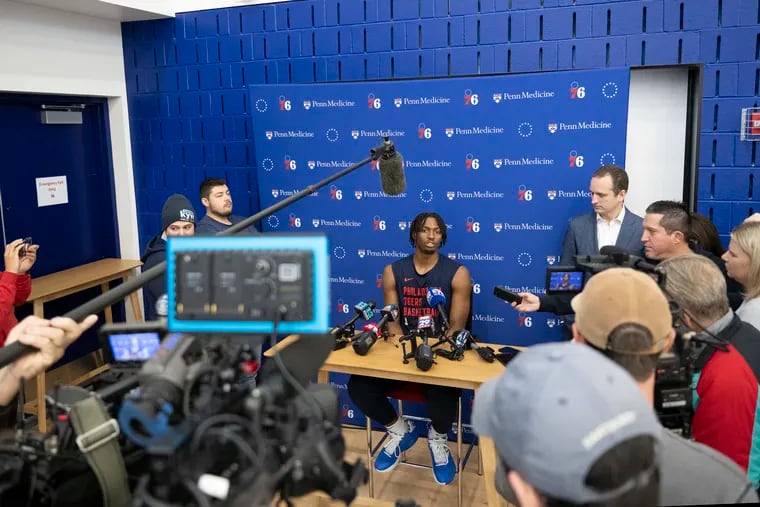 Tyrese Maxey answers questions related to the James Harden trade on Tuesday after the Sixers practiced. Maxey said he texted Harden saying he loved and appreciated him.