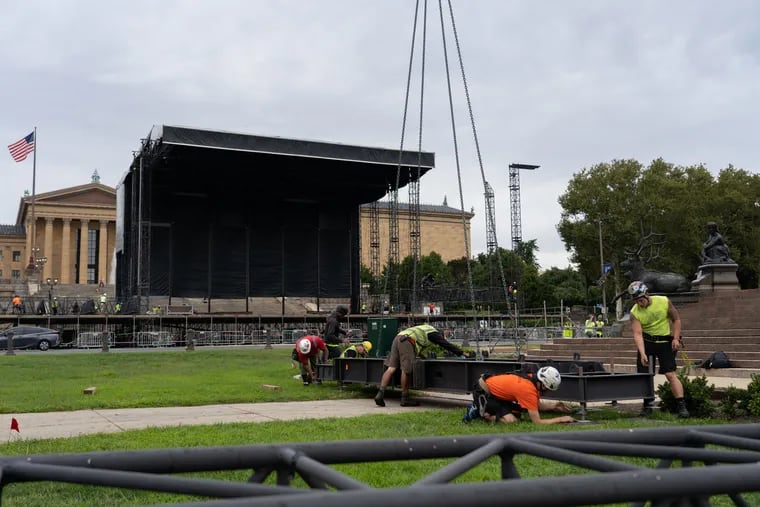 Construction begins for the Made in America Festival taking place this weekend Saturday, August 31st through Sunday, September 1st 2019 on the Benjamin Franklin Parkway located in front of the Philadelphia Art Museum on Tuesday morning, August 27, 2019.
