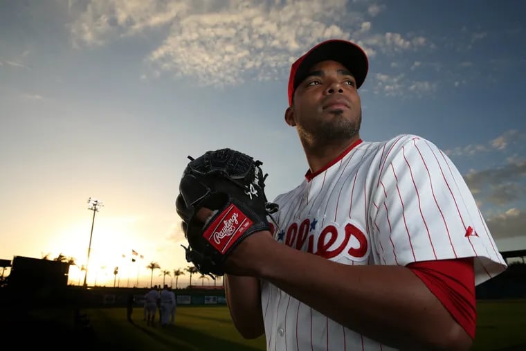 Phillies' Dalier Hinojosa poses for a portrait in Clearwater, Fla.