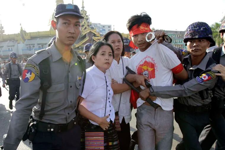 Protesters detained in Yangon last week. Students have been protesting for weeks. On Tuesday, in Letpadan, more than two dozen were reported injured.