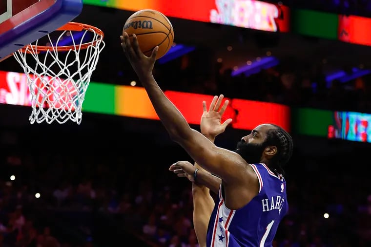 Sixers guard James Harden drives to the basket against the Boston Celtics during Game 4 of the Eastern Conference semifinal playoffs on Sunday, May 7, 2023 in Philadelphia.