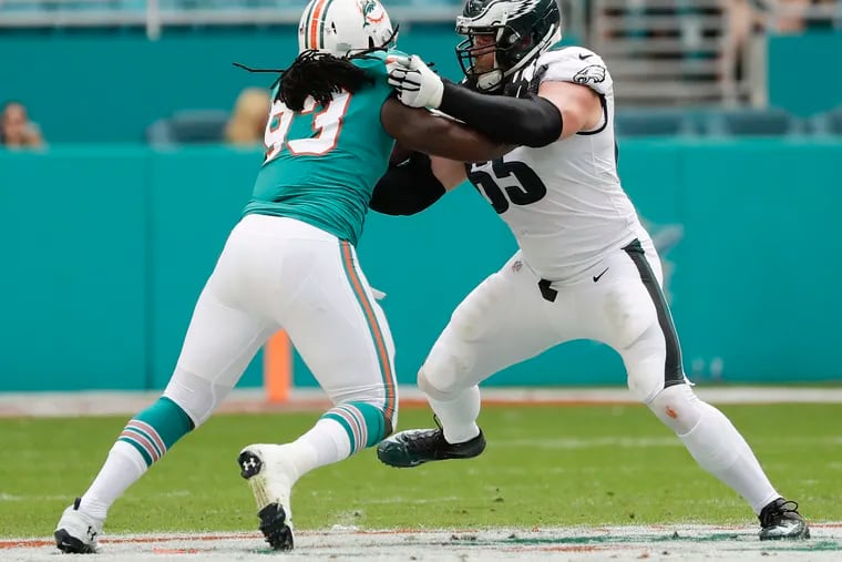 Eagles offensive tackle Lane Johnson blocks Dolphins defensive end Avery Moss on Dec. 1.