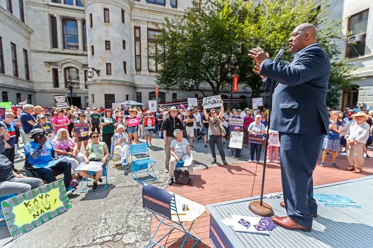 U. S. Rep. Dwight Evans speaks at a protest against the nomination of Supreme Court Justice Brett Kavanaugh in August. MICHAEL BRYANT / Staff Photographer
