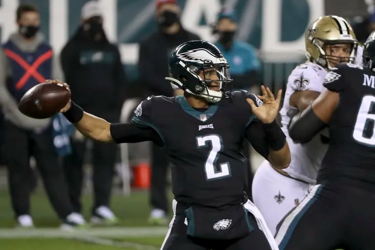 Eagles quarterback Jalen Hurts during the first half of the game against the Saints.