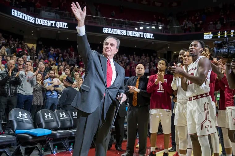 Temple head coach Fran Dunphy acknowledges a standing ovation at his final regular season home game, at the Liacouras Center on March 9, 2019. The Owls won the game against Central Florida.