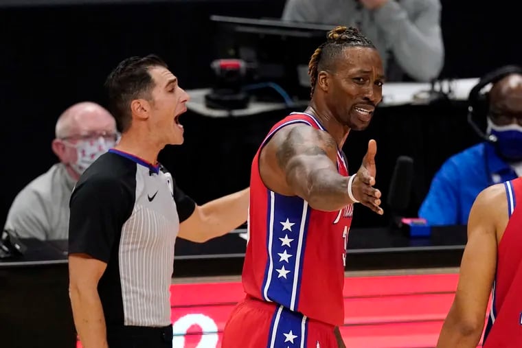Sixers center  Dwight Howard complains as he is ejected from the game during the second half of Saturday's game against the Los Angeles Clippers at the Staples Centers.