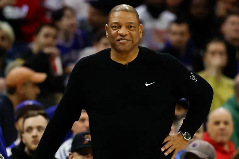 Milwaukee Bucks coach Doc Rivers watching his team in the first quarter against the Sixers on Sunday.