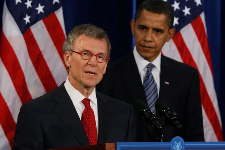 Health and Human Services Secretary-designate Tom Daschle, former Senate majority leader, with President-elect Barack Obama listening. Daschle was also chosen yesterday to head the office of health-care reform - and charged with fixing the system.