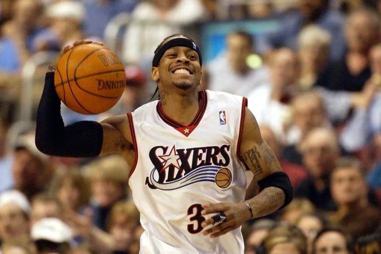 Iverson, shown here smiling in the second quarter, scored a career playoff-high 55 points in Game 1 against the Hornets in 2003.