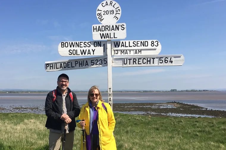 Along the Hadrian’s Wall Path, an 84-mile British national trail, just south of the Scottish border, that traverses coast to coast, from the Irish Sea to the North Sea.  On the coastal flatlands near the western end of the trail, it's only 5,235 miles to Philadelphia.
