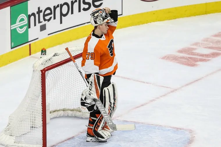 Carter Hart, age 20, is coming off a 3-2 win Tuesday over the Detroit Red Wings in which he made 20 saves in his NHL debut.