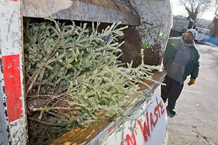 At the Roxborough sanitation center, worker Jeffrey West crushes a tree. (David M Warren / Staff Photographer)