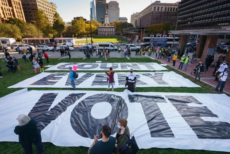 Protesters gathered at the Independence Visitor Center in Philadelphia on Nov. 4, 2020, calling for every vote to be counted and a peaceful transition of power.
