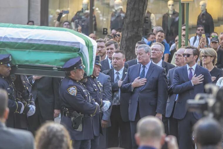 Mayor Kenney pays his respects as the casket of former Philadelphia Police Commissioner John F. Timoney passes. Kenney spoke at the service at St. Patrick’s Cathedral in New York City.