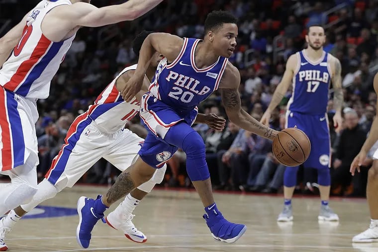 Philadelphia 76ers guard Markelle Fultz (20) drives to the basket during the second half of an NBA basketball game against the Detroit Pistons, Monday, Oct. 23,2017, in Detroit.