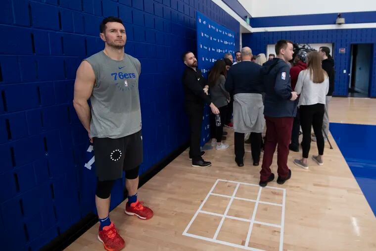 JJ Redick, waits for his turn to talk to the reporters at the 76ers Training Complex in Camden, New Jersey. Monday January 7, 2018. JOSE F. MORENO / Staff Photographer