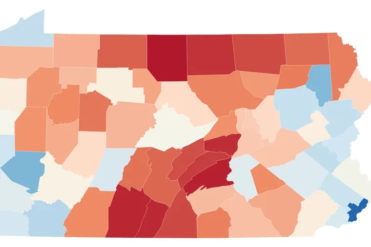 Pennsylvania’s 67 counties, by partisan split.