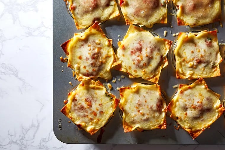 For situations where you want wide noodles or sheets, cookbook author David Joachim suggests egg roll or wonton wrappers like in muffin tin lasagnas. MUST CREDIT: Photo by Stacy Zarin Goldberg for The Washington.