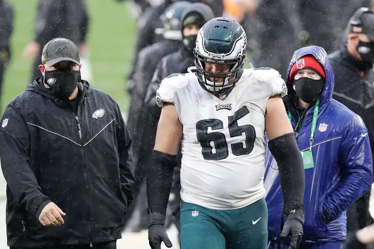 Lane Johnson walking off the field for the last time in the 2020 season on Nov. 22, at Cleveland.