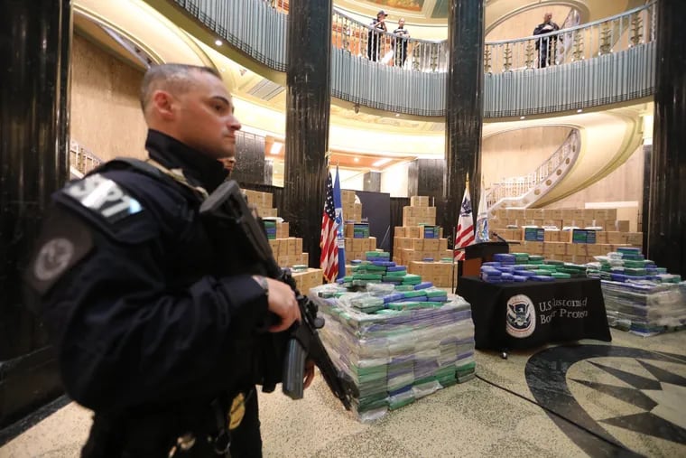 Some of the 17.5-ton, $1.1 billion cocaine seizure from a cargo ship at the Port of Philadelphia is on display at a news conference Friday at the U.S. Custom House in Old City.