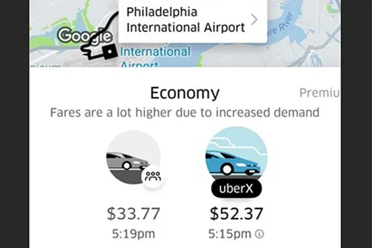 Citing "higher demand," a shared Uber ride from Market East to the Airport was going for $33.77 on Wednesday afternoon, a econo private Uber journey for $52.37, $35 would have gotten you there (including tip)  in a licensed cab.