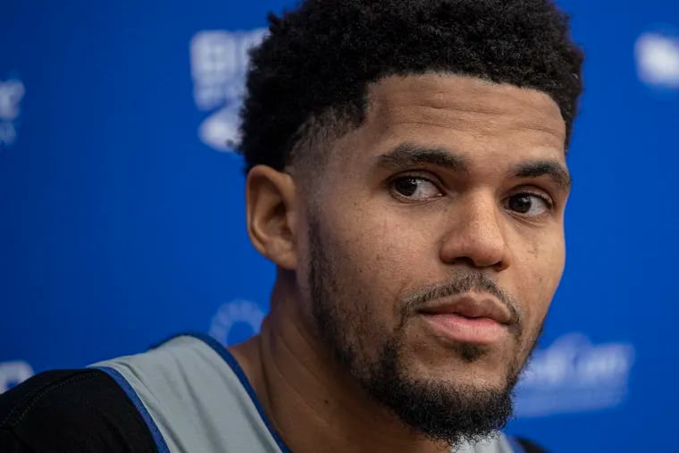Sixers forward Tobias Harris speaks to the media during the first day of training camp practice in Camden.