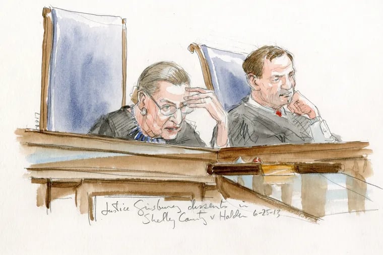 Courtroom sketch from Ruth Bader Ginsburg's dissent in Shelby County v. Holder, from "Notorious RBG" exhibit at Philly's National Museum of American Jewish History