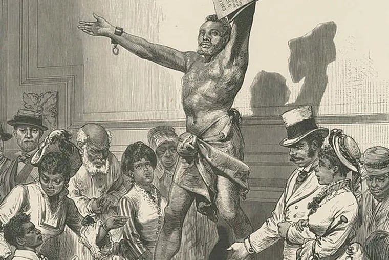 An engraving of the statue &quot;The Freed Slave&quot; in Memorial Hall, in an illustrated register of the 1876 Centennial Exhibition. (Library Company of Philadelphia)