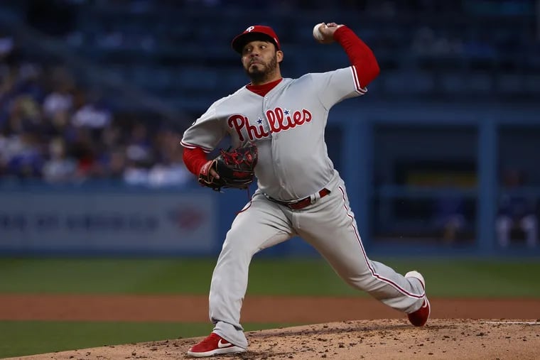 LOS ANGELES, CALIFORNIA - JUNE 01: Pitcher Jose Alvarez #52 of the Philadelphia Phillies pitches in the second inning of the MLB game against the Los Angeles Dodgers at Dodger Stadium on June 01, 2019 in Los Angeles, California. (Victor Decolongon/Getty Images/TNS)
