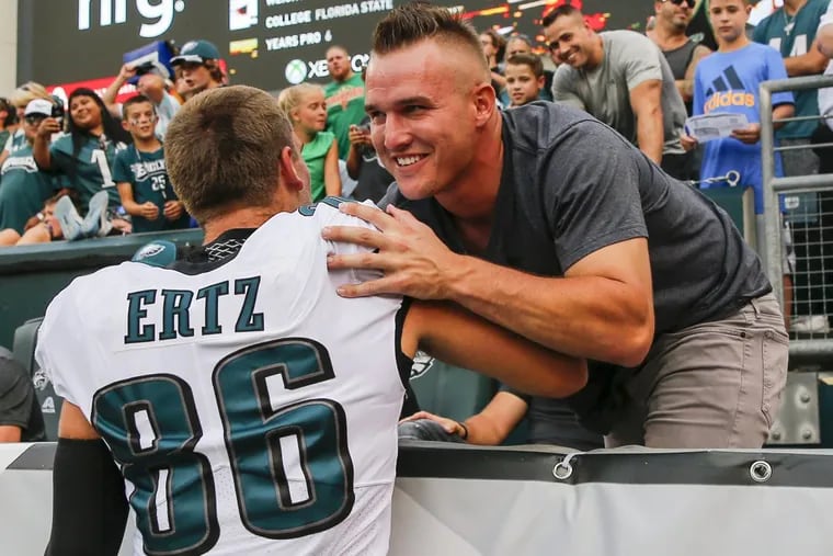 Eagles’ tight end Zach Ertz greets L.A. Angels’ outfielder Mike Trout before the Eagles played Buffalo in a preseason game. Trout was in his seat in the stands on Sunday and said it “was probably the loudest I’ve ever been a part of as a sports fan.”