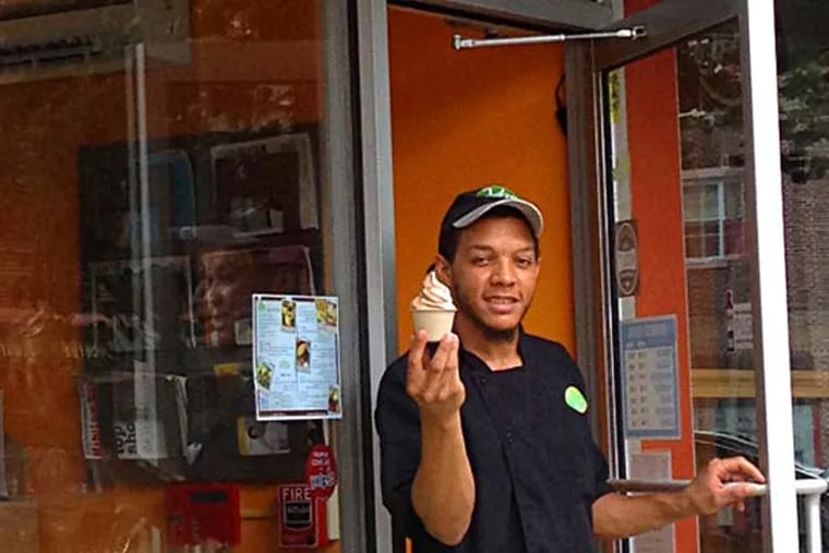 David Selby of VGE shows off the Bryn Mawr eatery's newest attraction for the summer - vegan soft-serve ice cream.