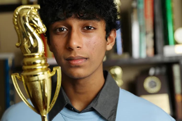 Karthik Murugan, a ninth-grade student and chess player, sits for a portrait at his home in Chester Springs, Pa., on Friday, Feb. 19, 2021. He recently wrote a book on chess tactics called "Legal Attack."