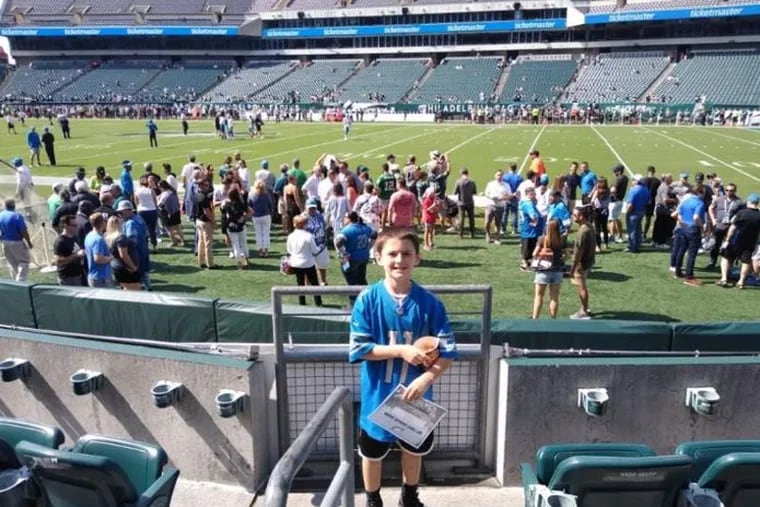 Mikey Beltz Jr., 10, at Sunday's Eagles-Lions game at Lincoln Financial Field.