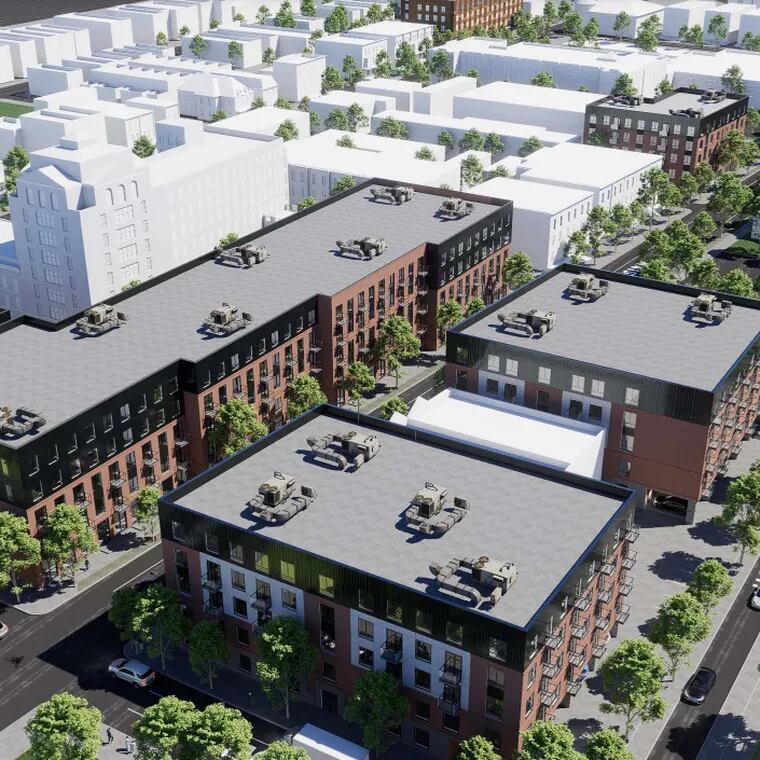 Aerial rendering of all the proposed apartment buildings from Haverford Square LLC, which would replace some expiring subsidy affordable houses in West Philadelphia's Belmont neighborhood.