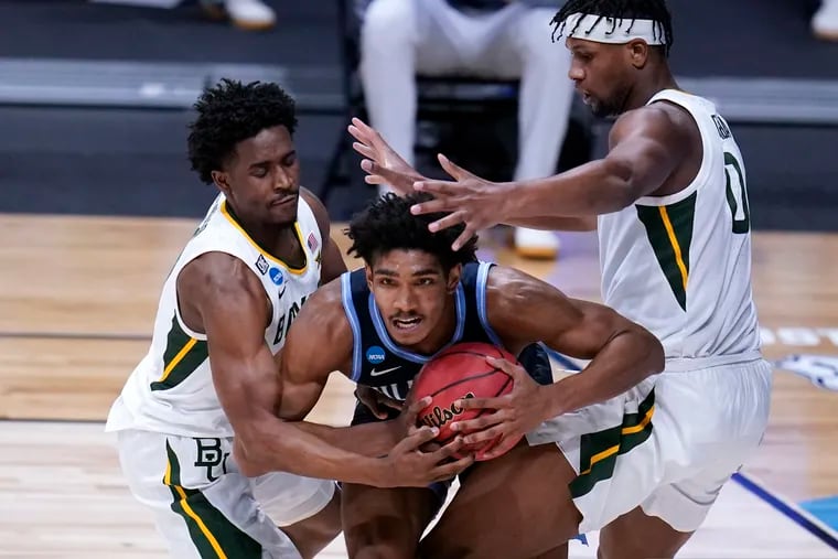 Villanova forward Jermaine Samuels, trying to pass between two Baylor defenders in the teams' NCAA Sweet 16 game last March in Indianapolis, returns for another chance against the Bears when the two teams meet Dec. 12 in Waco, Texas.