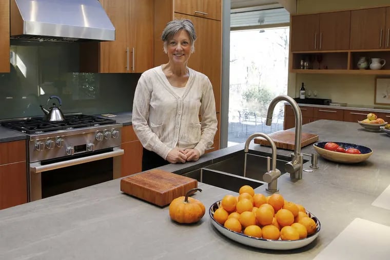 Allyson Schwartz poses in her kitchen in her home in Rydal, Pa.