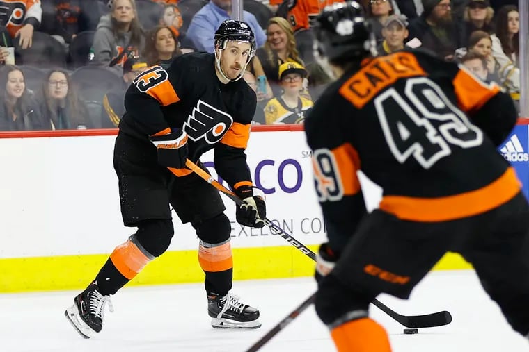Flyers forward Kevin Hayes playing against the Boston Bruins on  April 9. Hayes had an All-Star season but spent some of it in coach John Tortorella's doghouse.