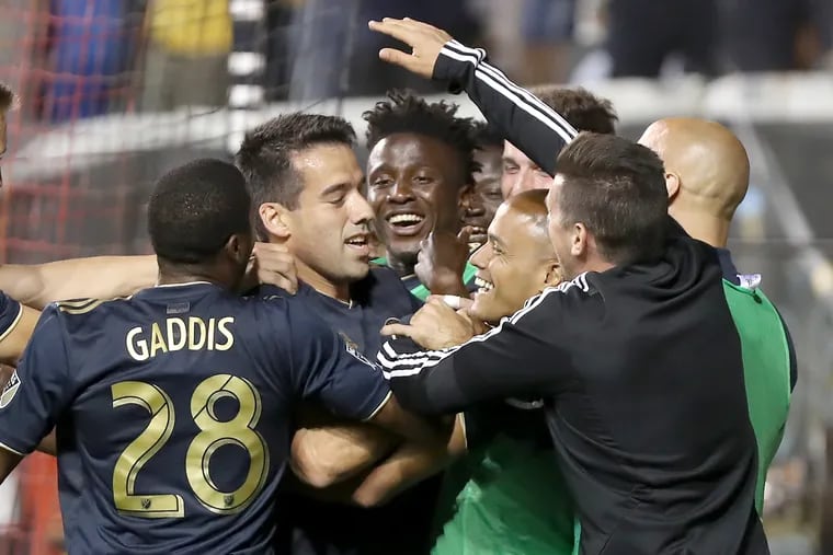 Ray Gaddis was among many Union players who swarmed Ilsinho after he scored the game-winning goal against the New York Red Bulls.
