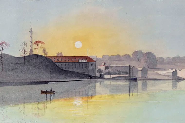 An 1868 watercolor by David Johnston Kennedy depicting the Fairmount Dam, seen from the Rialto House. Buildings were demolished in 1879, leaving Kennedy's art some of the only visual records of them.