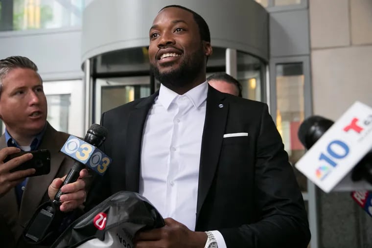 Meek Mill exits the Criminal Justice Center in Philadelphia in May 2018 after a hearing on whether Judge Genece Brinkley should be removed from hearing his appeal. The rapper, who's become an advocate for criminal justice reform, said he was turned away from a Las Vegas hotel Saturday because he's black.