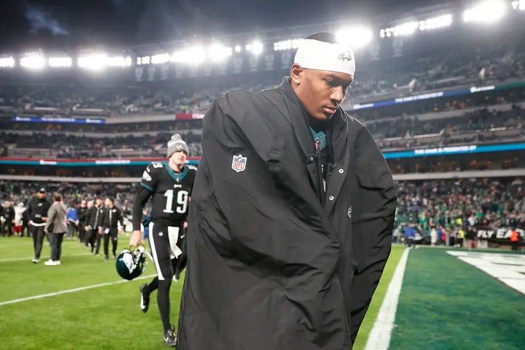 Eagles wide receiver DeVonta Smith walks off the field after the Eagles beat the New York Giants on Monday, December 25, 2023 in Philadelphia.