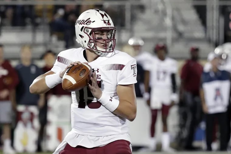 Temple quarterback Anthony Russo looks for a receiver against Central Florida during the first half of an NCAA college football game, Thursday, Nov. 1, 2018, in Orlando, Fla. (AP Photo/John Raoux)