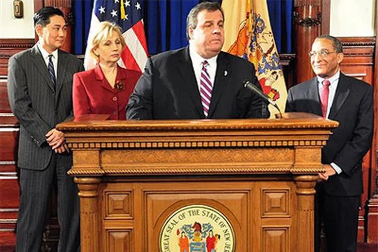 Gov. Christie and Lt. Gov. Kim Guadagno introduce New Jersey Supreme Court nominees Phillip H. Kwon, far left, and Bruce A. Harris, far right. (AP Photo / Office of New Jersey Gov. Chris Christie)