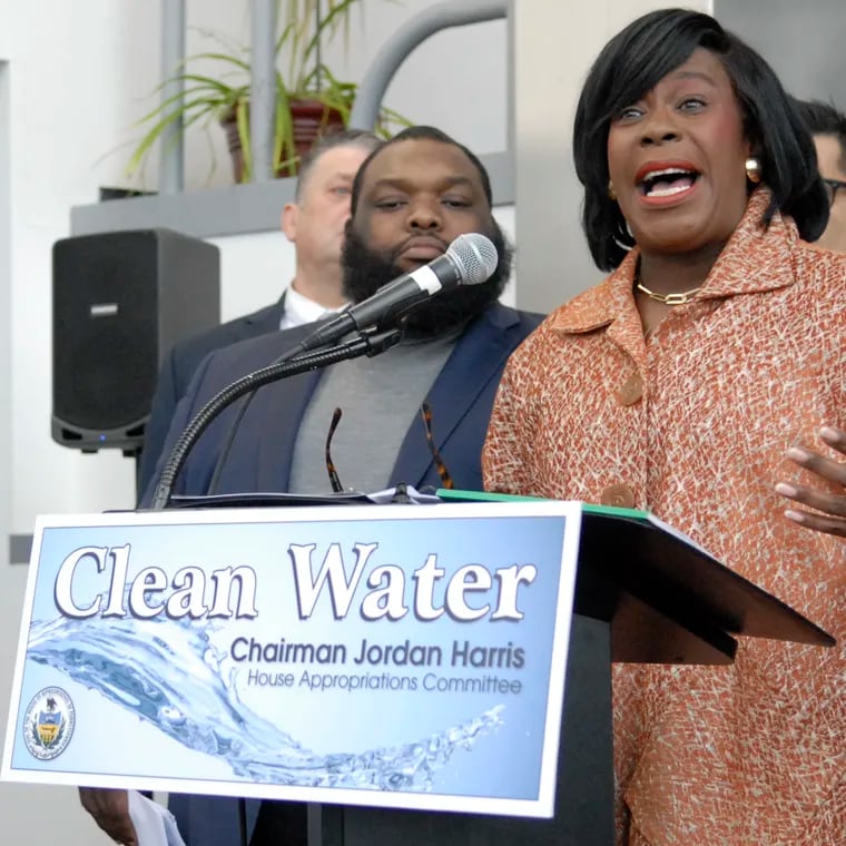 Mayor Cherelle L. Parker speaks at a news conference at the Northeast Water Pollution Control Plant in Port Richmond to announce the city will receive about $25 million in federal grant for three water infrastructure projects.