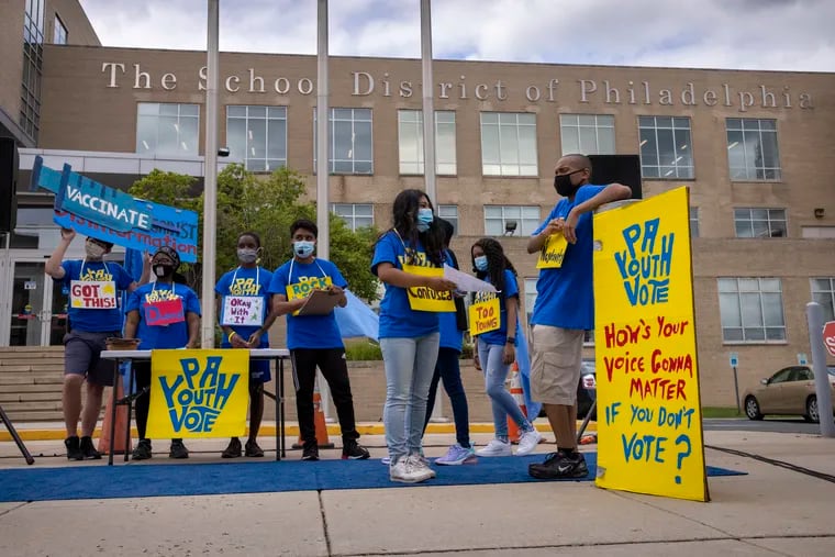 Members of the Unstoppable Voters Ensemble in front the headquarters for the School District of Philadelphia. Philadelphia Public School students and a Forum Theater Production of How's Your Voice Gonna Matter, performance in front of the offices of the School District of Philadelphia in August.