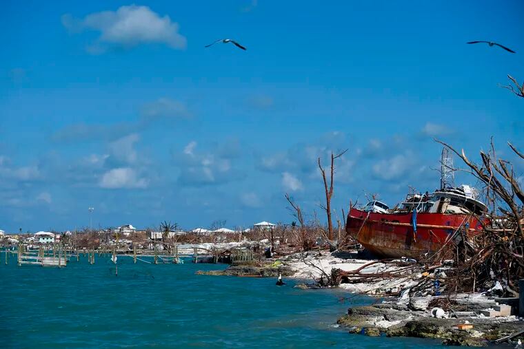 A beached boat in the destroyed sea front near the port is seen in Marsh Harbour, Bahamas on Sept. 10, a week after Hurricane Dorian.
